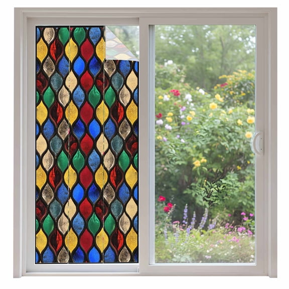 Abstract Window Privacy Film Stained Glass Moroccan Texture Decorative Glass Window Film UV Blocking Static Cling Non-Adhesive Sticker Covering for Home Door 35.4x78.7 inches