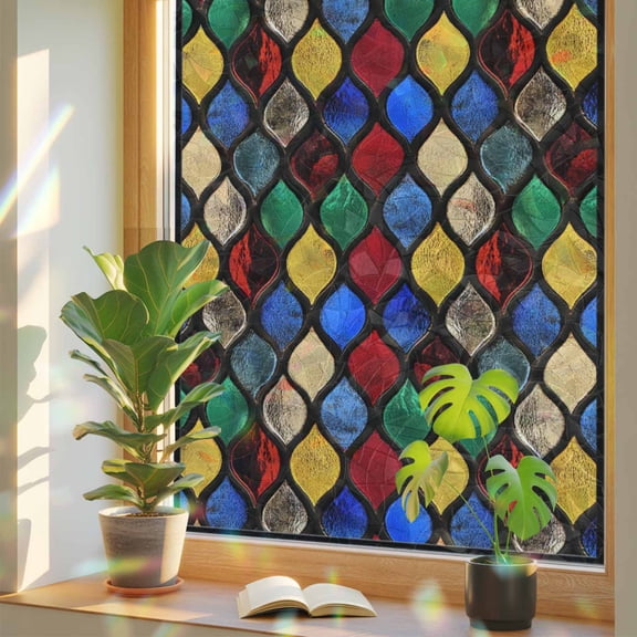 Abstract Window Privacy Film, Stained Glass Moroccan Texture Stained Glass Rainbow Film Decorative Window Clings, Static Cling Sun Blocking Stickers 19.6" x 39.3"