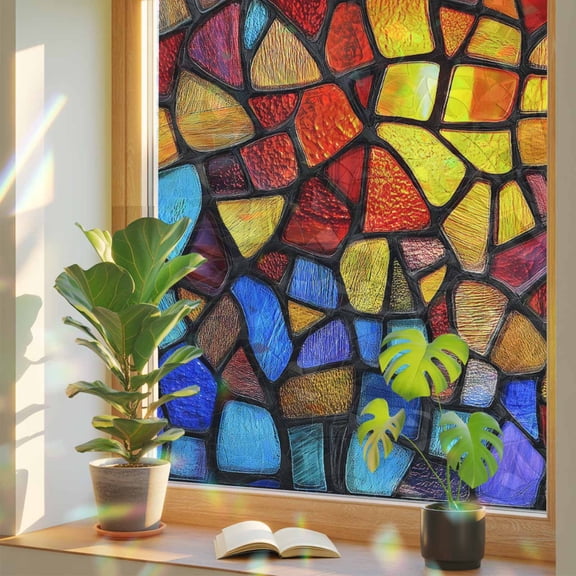 Abstract Window Privacy Film, Stained Glass Texture Stained Glass Rainbow Film Decorative Window Clings, Static Cling Sun Blocking Stickers 17.7" x 39.3"