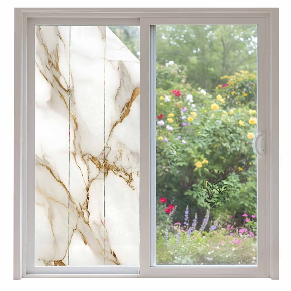 Abstract Window Privacy Film White Marble Pattern Gold Crack Texture Minimalism Decorative Glass Window Film UV Blocking Static Cling Non-Adhesive Sticker Covering for Home Door 35.4x78.7 inches