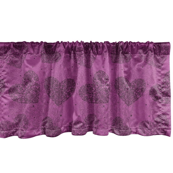 Abstract Window Valance Pack of 2, Hearts Shapes Curly Floral Ornaments Along Dots Motifs on Pinkish Background, Rod Pocket Curtain Valances for Kitchen Bedroom, 54" X 12", Dark Magenta, by Ambesonne