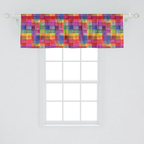 Abstract Window Valance, Rainbow Colored Geometric Square Shaped Blurry Effects Watercolor Design, Rod Pocket Curtain Valances for Kitchen Bedroom, 54" X 18", Vermilion Fuchsia