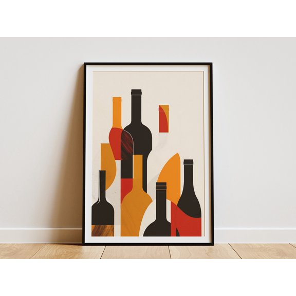 Abstract Wine Bottle Poster Minimalist Art Print Mid Century Modern Wall Decor Kitchen Art