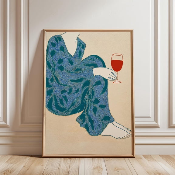 Abstract Wine Glass Figure Silhouette Line Illustration Bar Decor, Unframed Poster
