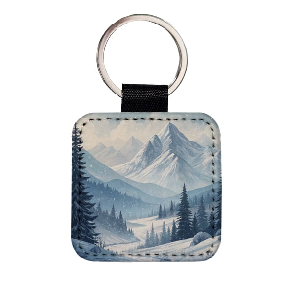 Abstract Winter Mountains Landscape Faux Leather Square Keychain