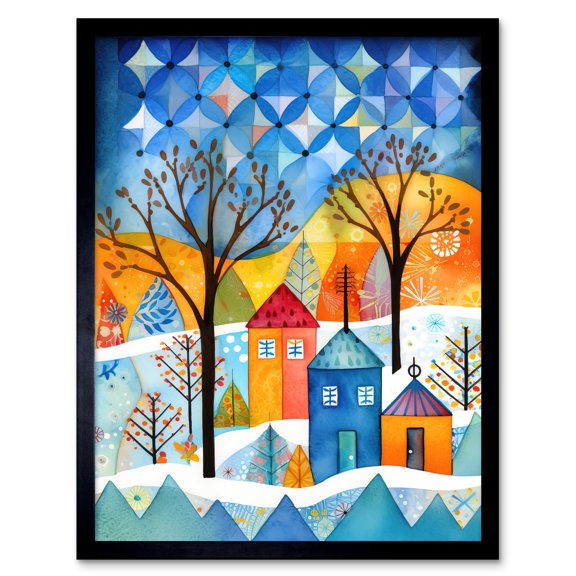 Abstract Winter Snowfall Folk Art Art Print Framed Poster Wall Decor 12x16 inch
