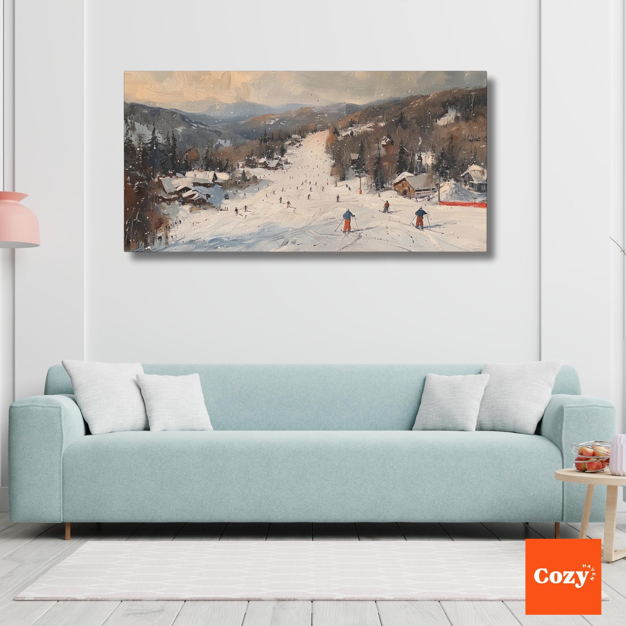 Abstract Winter Wall Art, Snowy Mountain Ski Resort Wall Art, Landscape ...