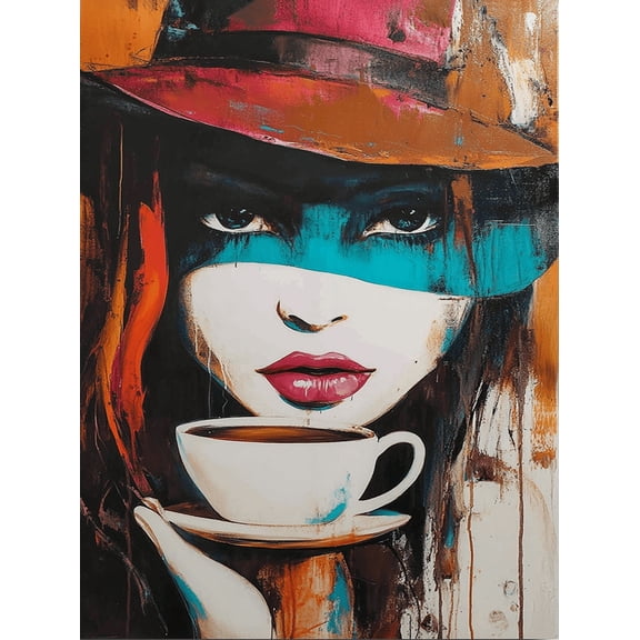 Abstract Woman with Coffee Cup Decoration Painting/Canvas Art Suitable for Living Room Bedroom Office Cafe Restaurant Hotel Gallery Hallway Study Bar and Apartment Decoration.