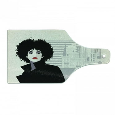 Abstract Woman Cutting Board, Background of Cityscape with a Modern Lady, Decorative Tempered Glass Cutting and Serving Board, in 3 Sizes, by Ambesonne