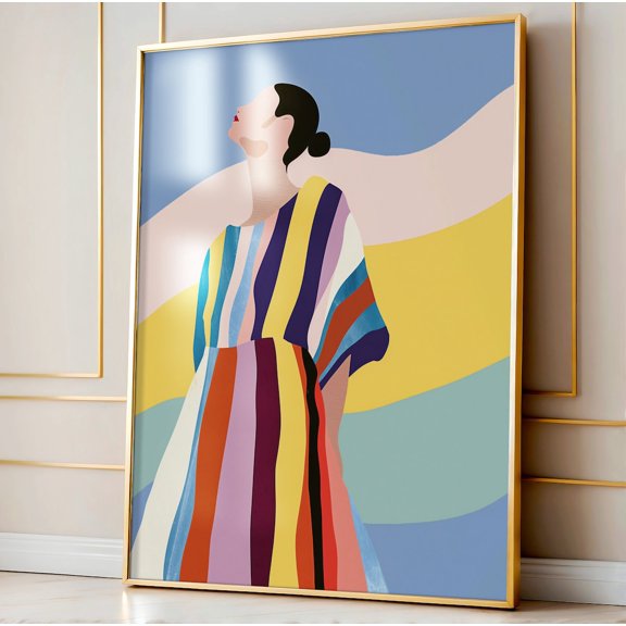 Abstract Woman Decor Contemporary Striped Wall Art Colorful Print Minimalist Portrait Illustration Eclectic Fine Art, Unframed Canvas 8x10in