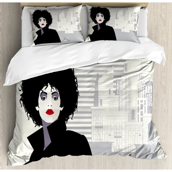 Abstract Woman Duvet Cover Set, Background of Cityscape with a Modern Lady, Decorative 3 Piece Bedding Set with 2 Pillow Shams, Calking Size, Taupe Grey, by Ambesonne