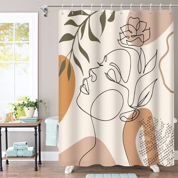 Abstract Woman Face Bathroom Shower Curtain Mid Century Boho Modern Geometric Shower Curtain with Hooks Polyester Waterproof Fabric Minimalist Art Line Aesthetic Shower Curtain, 72x72 Inch
