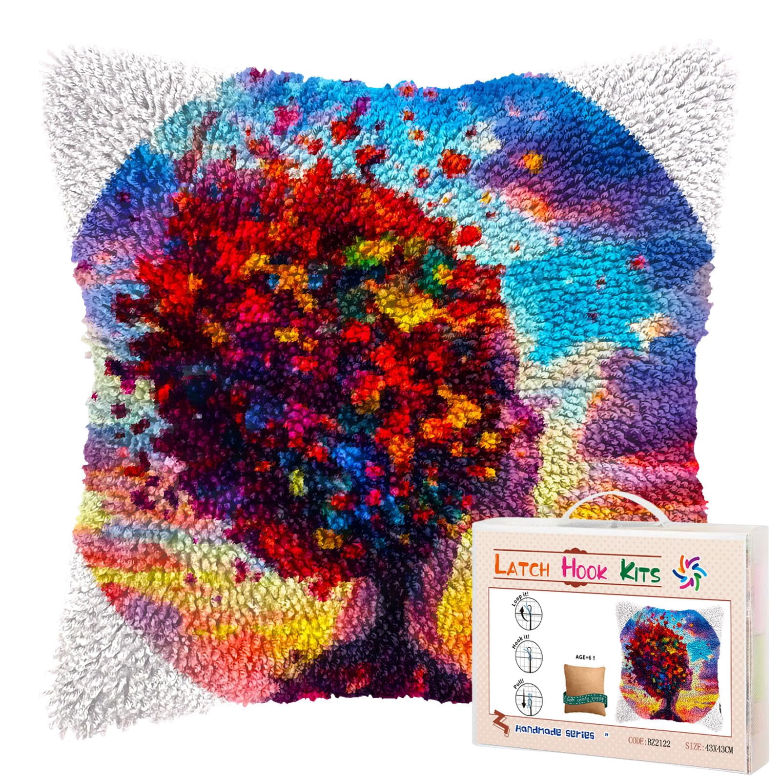 Abstract Woman Face Colorful Tree DIY Latch Hook Pillow Kits for Adults Printed Pillowcase Crochet Yarns Hooking Handmade Pillow Cover Cushion for Home Sofa Decoration 17x17inch(2)