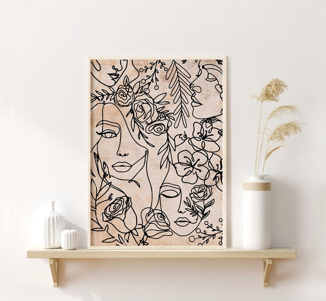 Abstract Woman Face Line Art Print, Minimalist Black Beige Poster 1690 ...