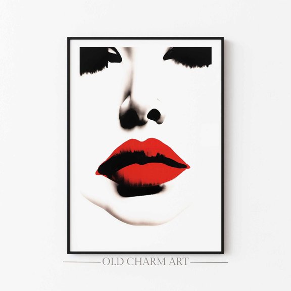 Abstract Woman Portrait Poster: Red Lips Minimalist Art, Unframed Poster Size 16x24