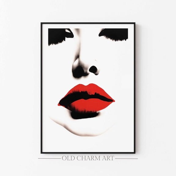 Abstract Woman Portrait Poster: Red Lips Minimalist Art, Unframed Poster Size 24x36