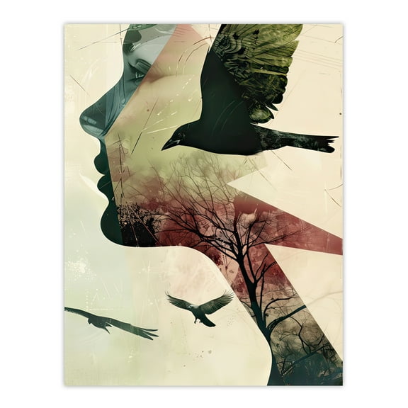 Abstract Woman Profile Portrait Crows Trees Dark Living Room Extra Large XL Wall Art Poster Print