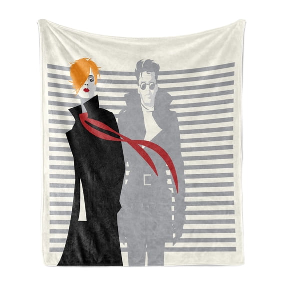 Abstract Woman Soft Flannel Fleece Throw Blanket, Contemporary Lady and a Man on Stripes, Cozy Plush for Indoor and Outdoor Use, 70" x 90", Ivory Multicolor, by Ambesonne