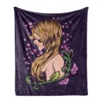 thumbnail image 1 of Abstract Woman Soft Flannel Fleece Throw Blanket, Graphical Style Back View of a Young Lady with Floral Details, Cozy Plush for Indoor and Outdoor Use, 50" x 60", Dark Purple Multicolor, by Ambesonne, 1 of 5