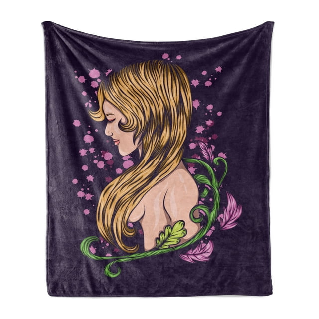 Abstract Woman Soft Flannel Fleece Throw Blanket, Graphical Style Back View of a Young Lady with Floral Details, Cozy Plush for Indoor and Outdoor Use, 50" x 60", Dark Purple Multicolor, by Ambesonne