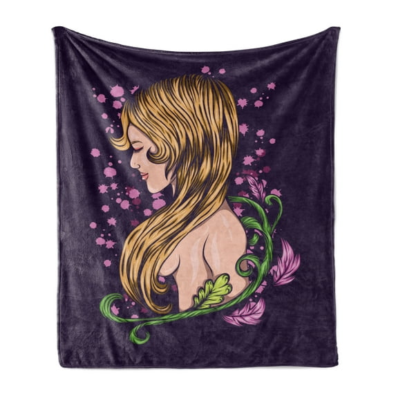 Abstract Woman Soft Flannel Fleece Throw Blanket, Graphical Style Back View of a Young Lady with Floral Details, Cozy Plush for Indoor and Outdoor Use, 60" x 80", Dark Purple Multicolor, by Ambesonne