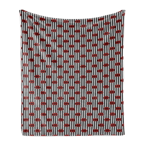 Abstract Woman Soft Flannel Fleece Throw Blanket, Vertically Aligned Stripe with Lips Feminine Fashion Design, Cozy Plush for Indoor and Outdoor Use, 70" x 90", Charcoal Grey Ruby White, by Ambesonne