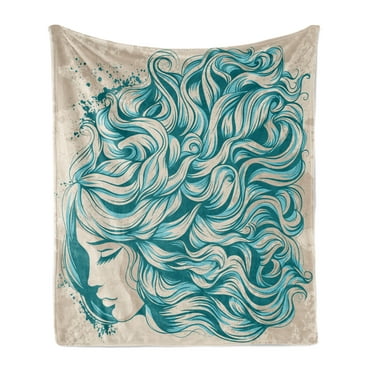 Abstract Woman Soft Flannel Fleece Throw Blanket, Waving Hairstyle on a Grunge Background, Cozy Plush for Indoor and Outdoor Use, 50" x 70", Pale Sepia Sea Blue, by Ambesonne