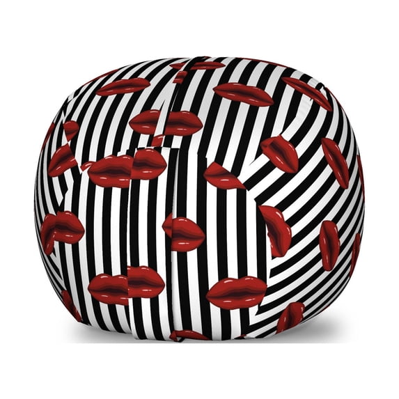 Abstract Woman Storage Toy Bag Chair, Vertically Aligned Stripe with Lips Feminine Fashion Design, Stuffed Animal Organizer Washable Bag, Small Size, Charcoal Grey Ruby White, by Ambesonne