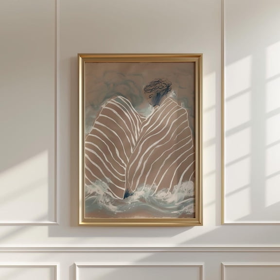 Abstract Woman In Striped Blanket, Serene Minimalist Portrait, Soft Earth Tonescalm Figure Wrapped In Stripes Print Wall Art, Modern Wall Decor, 12x18 UNFRAMED