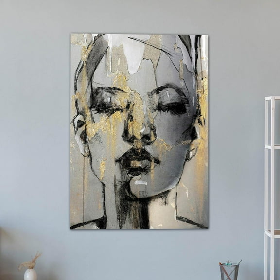 Abstract Woman Wall Art, Gold Leaf Face, Modern Black White Portrait Print, Minimalist Female Artwork for Bedroom Decor Poster Decor, Size 8x12 UNFFRAMED F03.1.8l1399