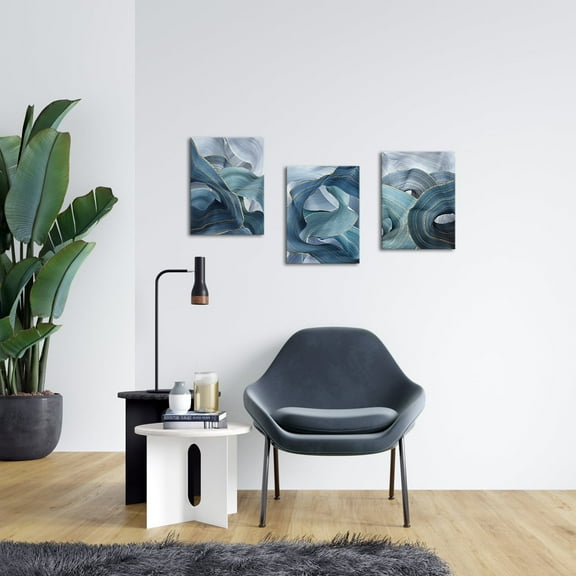 Abstract Wood Framed Canvas Wall Art Clearance Blue Band Surges Wall Decor Prints Pictures Posters Artwork for Home Room Decor Painting Decoration Gift 12 x 16 in x 3 Pcs
