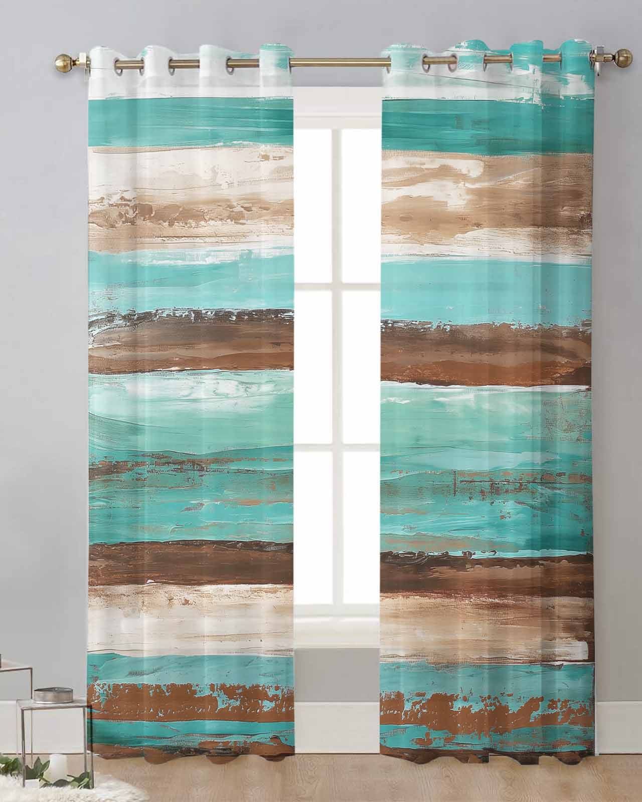 Abstract Wood Grain Brown Turquoise Gradient Sheer Curtains For Living ...