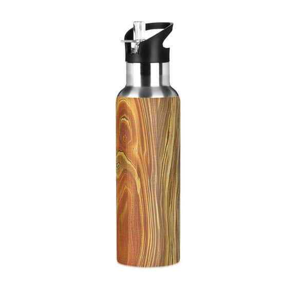 Abstract Wood Grain Sports Bottle with Straw Stainless Steel Water Jug Portable Thermal Cup Leak-proof 600ML