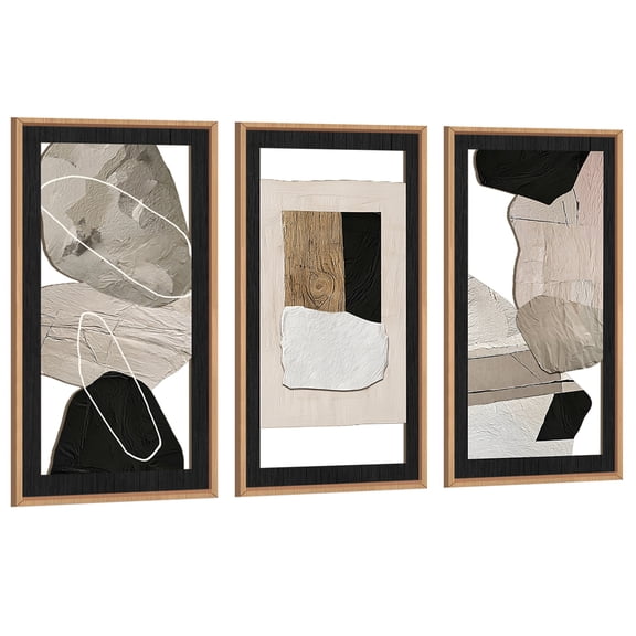 Abstract Wood Wall Art Minimalist Wall Decor Framed Black Beige Wall Sculpture Modern Wood Cut out Artwork Set of 3 for Living Room Bedroom Office 8X16 In