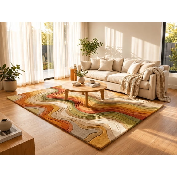 Abstract Wool Area Rug, Earth Tone Wave Pattern, Soft Plush Contemporary Carpet for Living Room, Entryway, Office & Home Dcor
