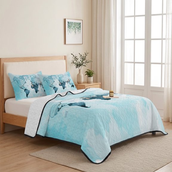 Abstract World Map 3 Pieces Quilt Set,1 Quilt with 2 Shams,Teal Blue Gradient Bedspread Soft Lightweight Bedding Coverlet Comforter Set for All Season 68"x98"