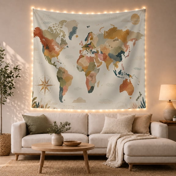Abstract World Map Across Cream with Compass, Sun and Clouds, Serene Watercolor Art for Travel Lovers, Explorer Decor, Housewarming Gift, Tapestry Wall Hanging for Studio and Dorm