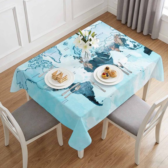 Abstract World Map Table Cloth 60x84in, Waterproof Rectangle Tablecloth Wipeable Tablecloths Teal Blue Gradient Table Covers for Dining Tables Party Indoor Outdoor