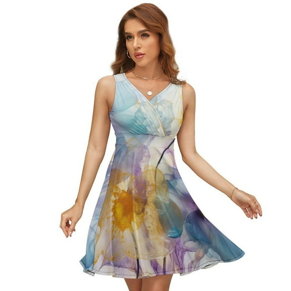 Abstract Xray Flowers Collection Yellow Purple Blue Sleeveless Dress Women Summer Evening Dresses Ladies Sundress