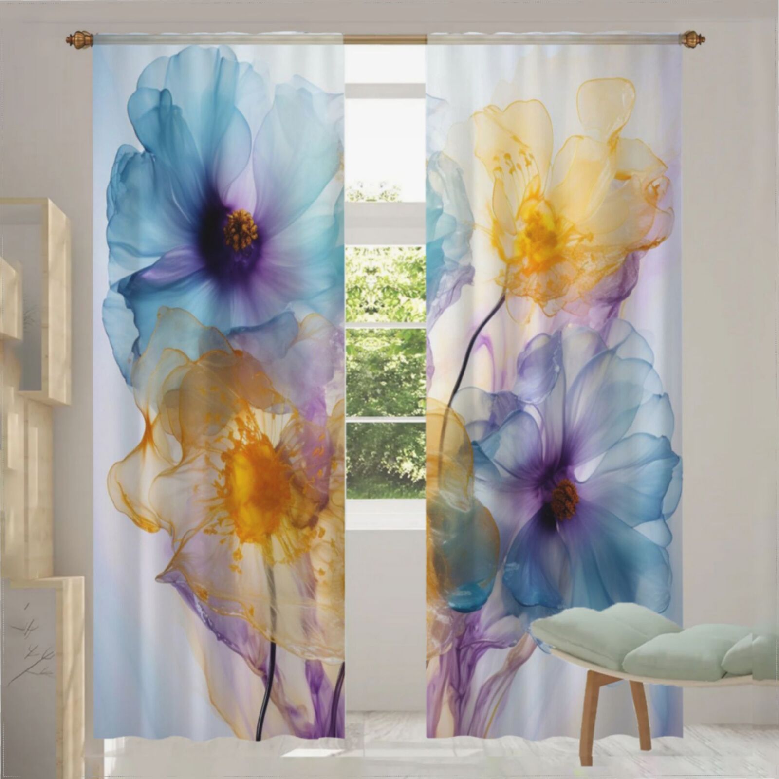 Abstract Xray Flowers Collection Yellow Purple Blue Tulle Curtain for ...
