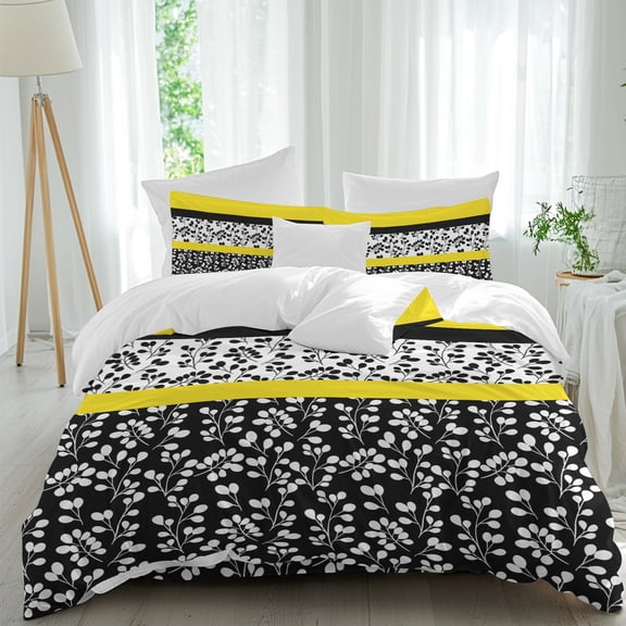 Abstract Yellow 4 Piece Duvet Cover Set Queen Size Black Stripes Floral Plant Modern Vintage Soft Bedding Set Comforter Cover, 1 Duvet Cover 1 Flat Sheets and 2 Pillowcases