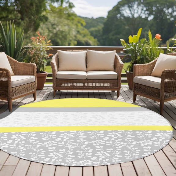 Abstract Yellow 8ft Round Rug for Open Concept Living Room Seating Zone, Grey Stripes Floral Plant Modern Vintage Washable Non Slip Large Circle Area Rug