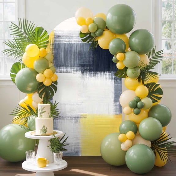 Abstract Yellow Arch Backdrop Cover, 7.2FT, Black Plaid Mottled Geometric Art Modern Spandex Arch Covers Double-Sided Backdrop for Wedding Birthday Party Photo Background Decoration