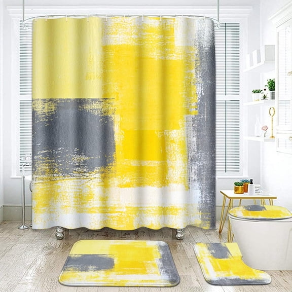 Abstract Yellow Bathroom Set with Shower Curtain and Rugs Accessories, Yellow Black and Gray Modern Shower Curtain for Bathroom, Orange Bathroom Decor 4 Pcs