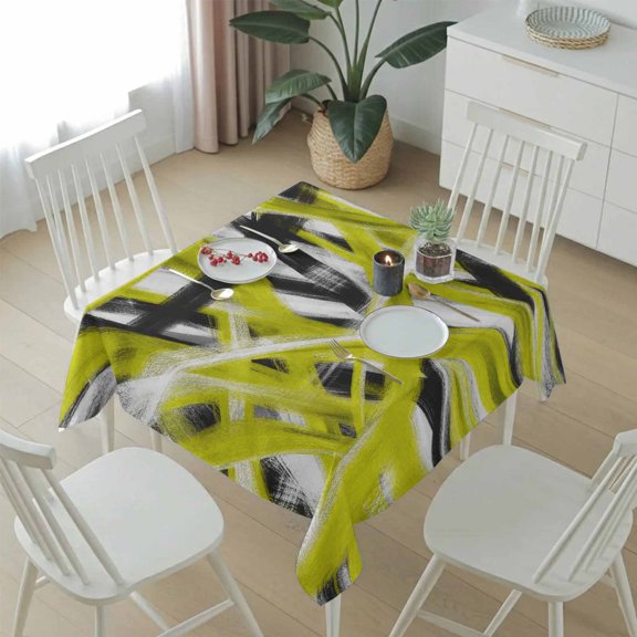 Abstract Yellow Black Lines Table Cloth 54x54in, Waterproof Square Tablecloth Wipeable Tablecloths Geometric Striped Background Table Covers for Dining Tables Party Indoor Outdoor