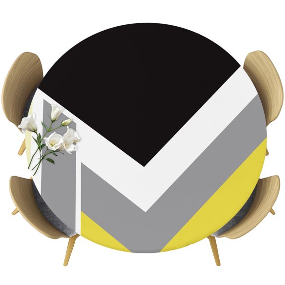 Abstract Yellow Black Round Tablecloth 36-44 Inch Round Fitted Table Cloth with Elastic Edge, Modern Geometric Color Blocks Waterproof Table Cover Protector for Outdoor Picnic Party Dining