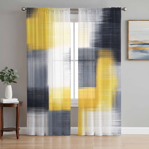 Abstract Yellow Black Sheer Curtains 63 Inch Length 2 Panels Set, Vintage Geometric Oil Painting Art Voile Window Treatment Rod Pocket Curtains Sheers Drapes for Bedroom/Living Room/Kitchen 52x"63"x2