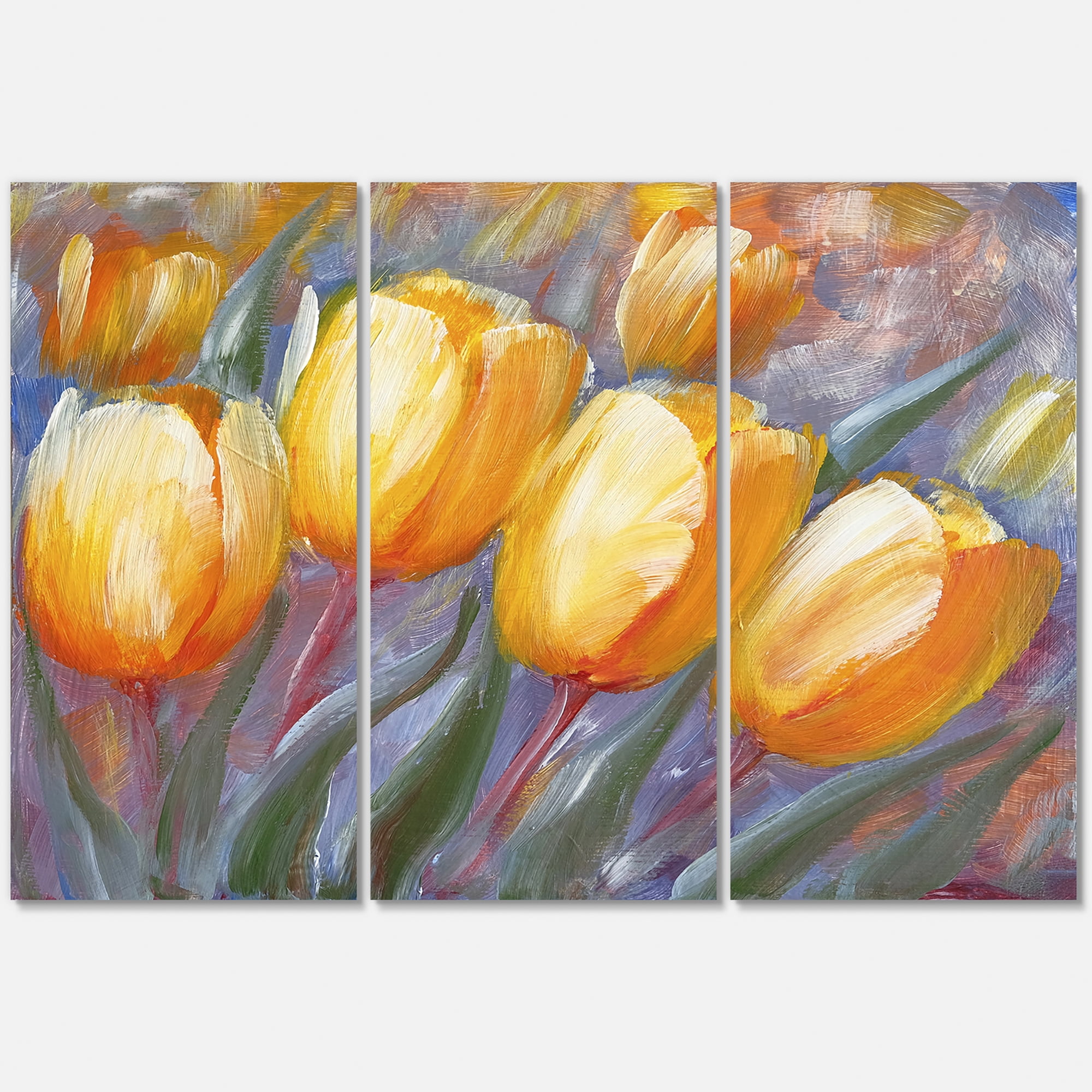 Abstract Yellow Blooming Tulips 28 in x 36 in Painting Canvas Art Print, by Designart