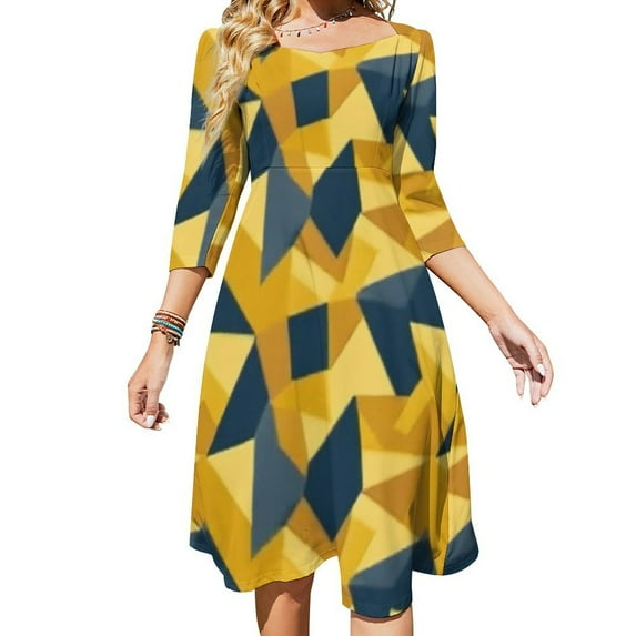 Abstract Yellow Blue Geometric Pattern Sweetheart Knot Flared Dress Fashion Design Large Size Loose Dress Spring Summer Women Dress