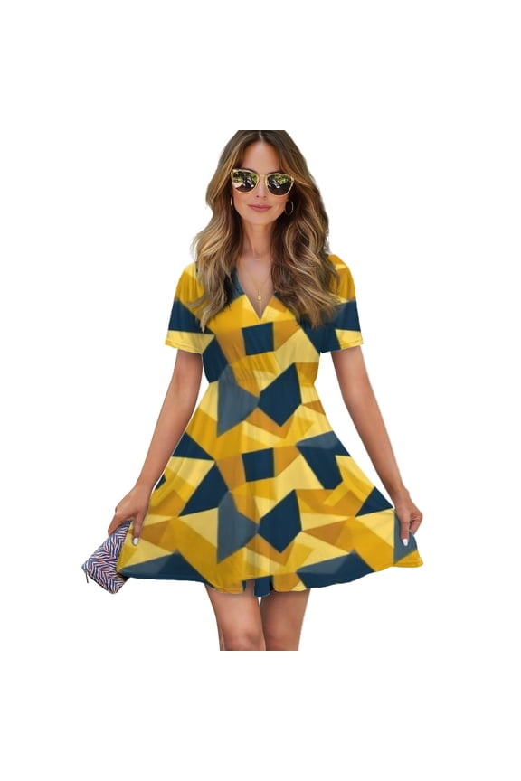 Abstract Yellow Blue Geometric Pattern Women Dress V-Neck Short Sleeve Flowy Swing Party Midi Dress